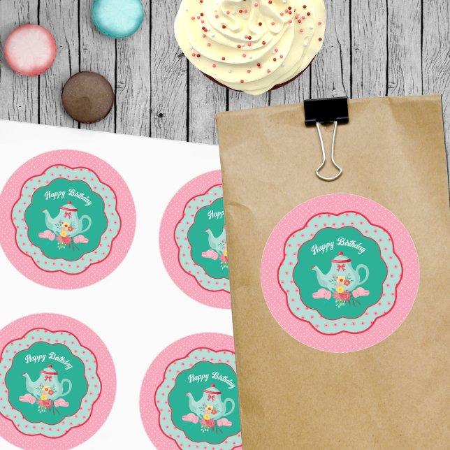 Tea Party Birthday Classic Round Sticker (Creator Uploaded)