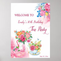 Tea party birthday cup flowers welcome sign