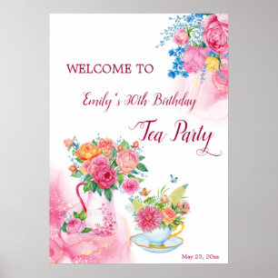 Tea party birthday cup flowers welcome sign