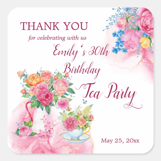 Tea party birthday cup with flowers square sticker (Front)