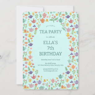 Tea Party Birthday Cute Custom Colorful Floral Invitation