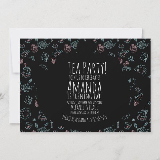 Tea Party Birthday Doodle Background Invitation (Front)