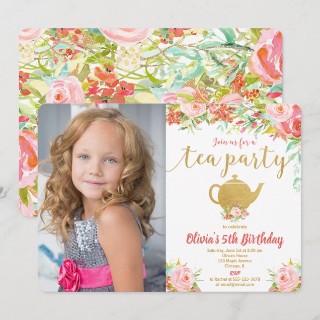 Tea party birthday floral watercolor pink gold invitation (Front/Back)