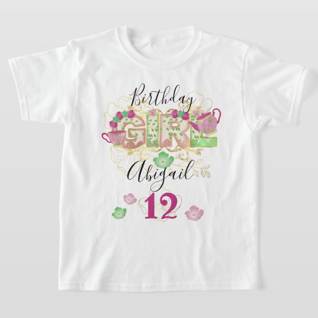 Tea Party Birthday Girl | Floral custom age T-Shirt (Laydown)