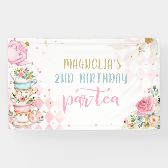 Tea Party Birthday Girl Pink & Gold Floral Par-tea Banner (Horizontal)