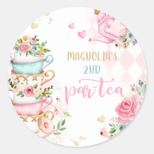 Tea Party Birthday Girl Pink & Gold Floral Par-tea Classic Round Sticker