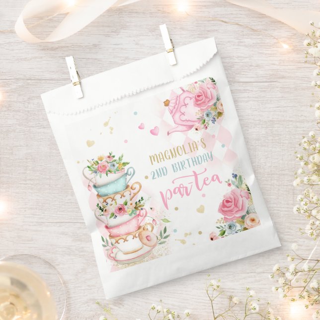 Tea Party Birthday Girl Pink & Gold Floral Par-tea Favour Bags (Clipped)