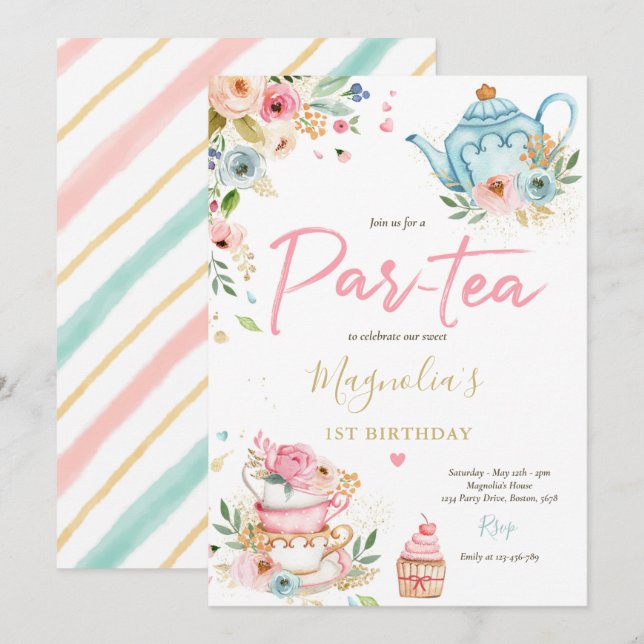 Tea Party Birthday Girl Pink & Gold Floral Par-tea Invitation (Front/Back)