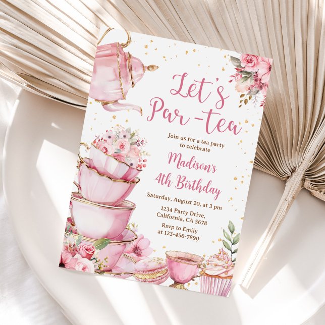 Tea Party Birthday Girl Pink & Gold Floral Par-tea Invitation (Creator Uploaded)