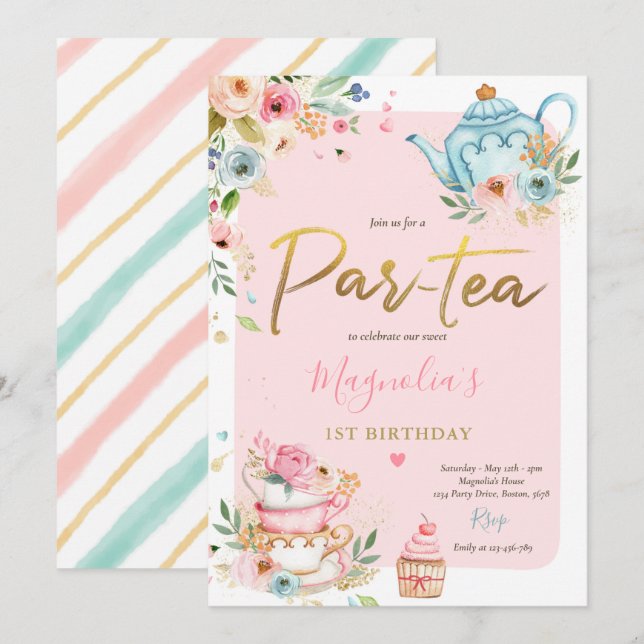 Tea Party Birthday Girl Pink & Gold Floral Par-tea Invitation (Front/Back)