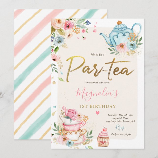 Tea Party Birthday Girl Pink & Gold Floral Par-tea Invitation (Front/Back)