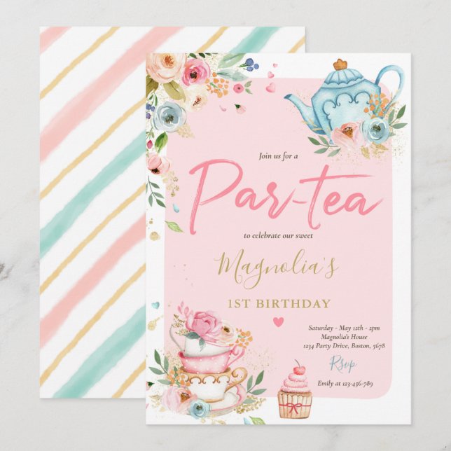 Tea Party Birthday Girl Pink & Gold Floral Par-tea Invitation (Front/Back)