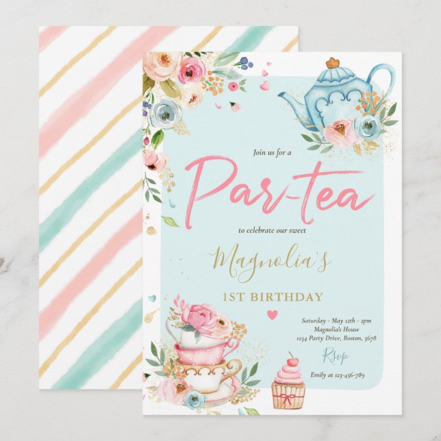 Tea Party Birthday Girl Pink & Gold Floral Par-tea Invitation (Front/Back)