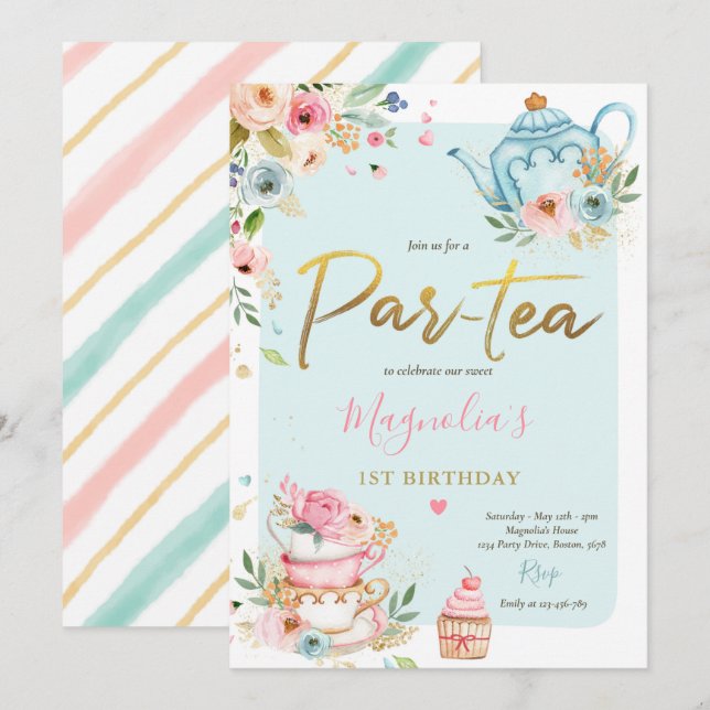 Tea Party Birthday Girl Pink & Gold Floral Par-tea Invitation (Front/Back)