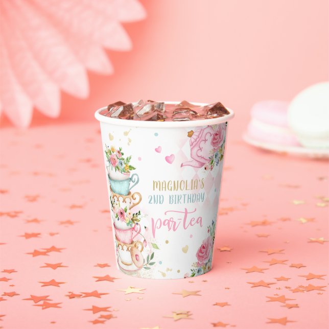 Tea Party Birthday Girl Pink & Gold Floral Par-tea Paper Cups (Insitu)