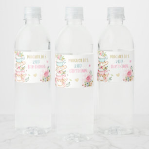 Tea Party Birthday Girl Pink & Gold Floral Par-tea Water Bottle Label
