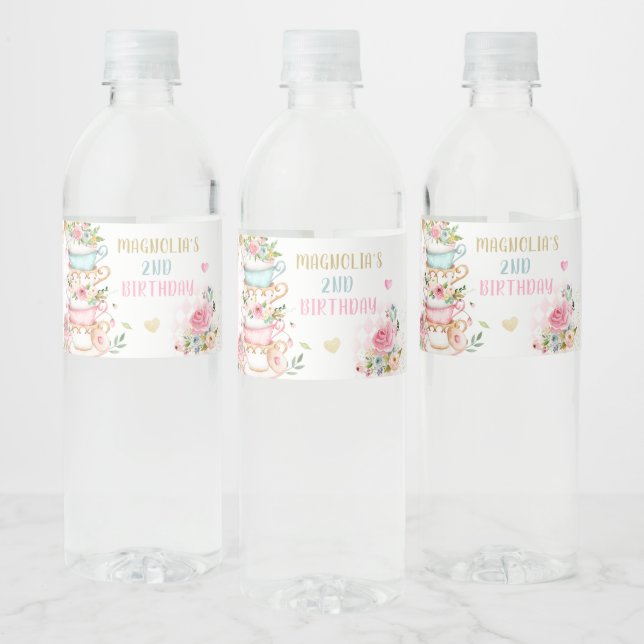 Tea Party Birthday Girl Pink & Gold Floral Par-tea Water Bottle Label (Bottles)