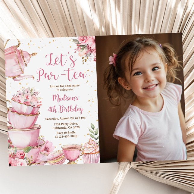 Tea Party Birthday Girl Pink & Gold Floral Photo Invitation (Creator Uploaded)