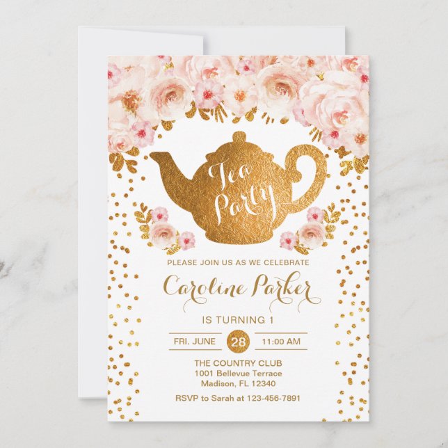 Tea Party Birthday - Gold White Pink Floral Invitation (Front)