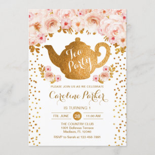 Tea Party Birthday - Gold White Pink Floral Invitation