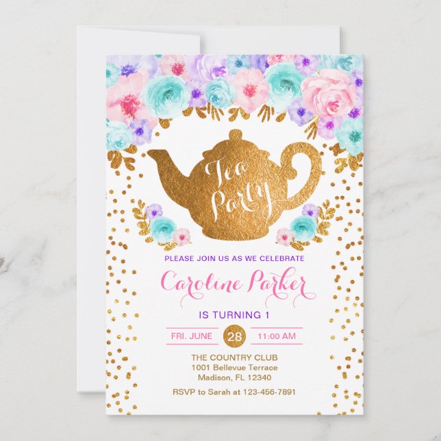 Tea Party Birthday - Gold White Pink Teal Purple Invitation (Front)