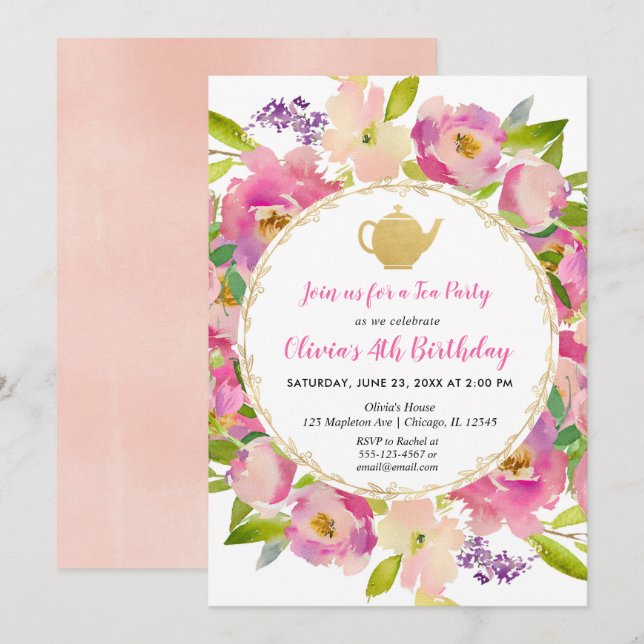 Tea Party birthday invitation, floral blush pink Invitation (Front/Back)