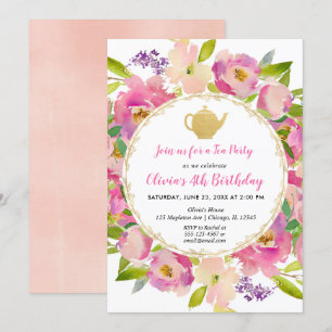 Tea Party birthday invitation, floral blush pink Invitation