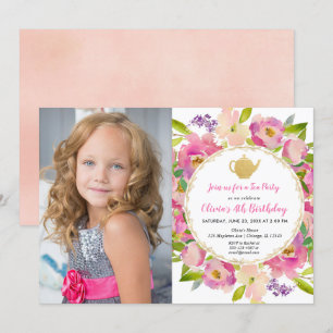 Tea Party birthday invitation, girl birthday photo Invitation