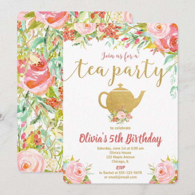 Tea party birthday invitation girl floral gold (Front/Back)