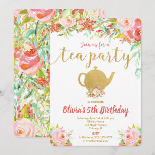 Tea party birthday invitation girl floral gold