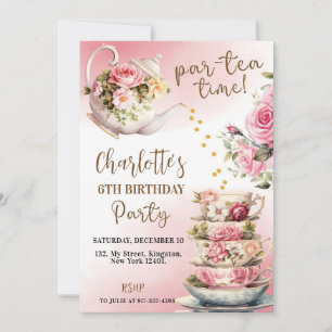Tea Party Birthday Invitation - Pink And Gold Par-