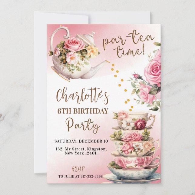 Tea Party Birthday Invitation - Pink And Gold Par- (Front)