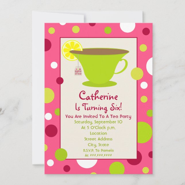 Tea Party Birthday Invitation - Pink And Green (Front)