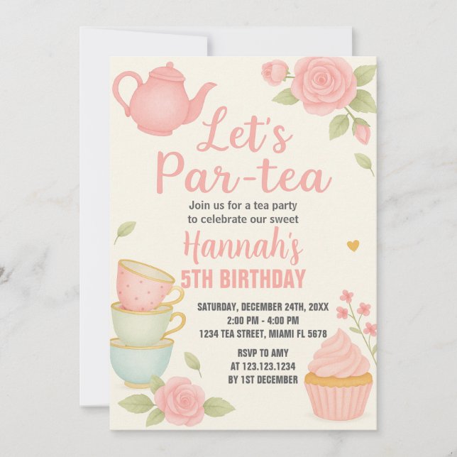 Tea Party Birthday Invitation with Floral (Front)
