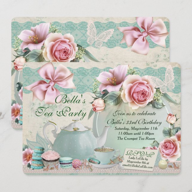 Tea Party Birthday Invitations (Front/Back)