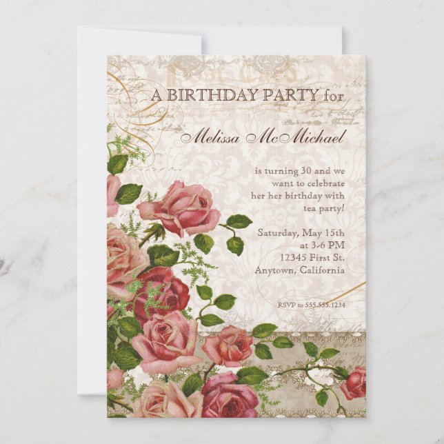 Tea Party Birthday Invite, Trellis Rose Vintage Invitation (Front)