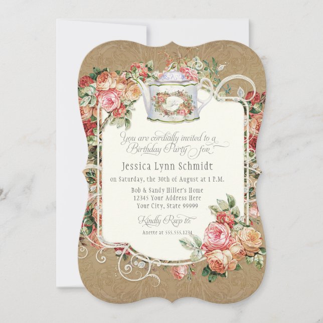 Tea Party Birthday Party Watercolor Gold Floral Invitation (Front)