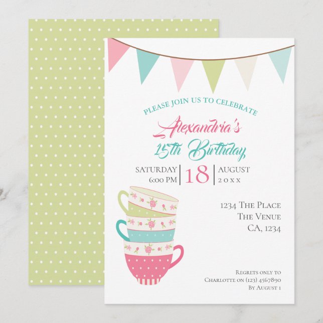 Tea Party Birthday Personalised Colourful Invitation (Front/Back)