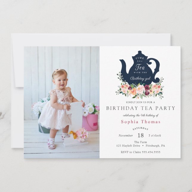 Tea Party Birthday Photo Invitation (Front)