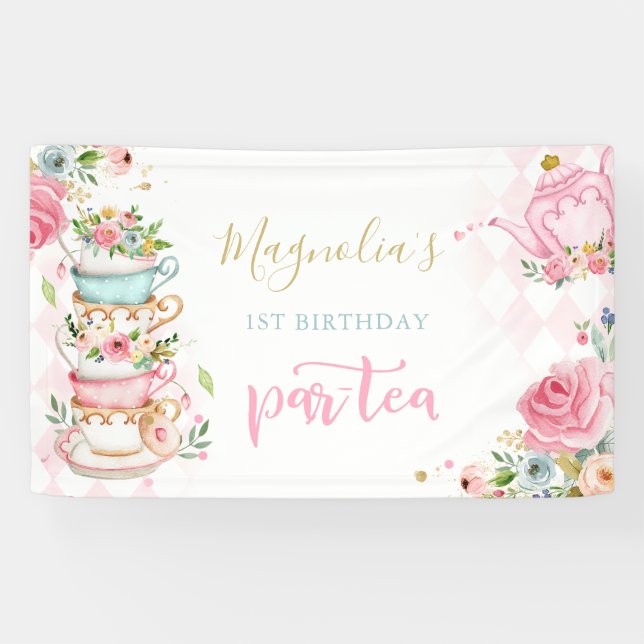 Tea Party Birthday Pink Floral Par-tea Welcome Banner (Horizontal)