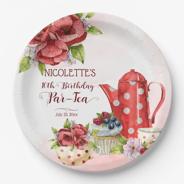 Tea party birthday polka dot tea pot personalised paper plate (Front)