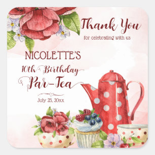 Tea party birthday polka dot tea pot personalised square sticker