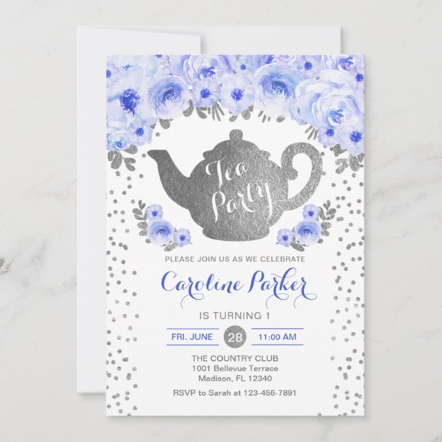 Tea Party Birthday - Silver White Blue Floral Invitation (Front)