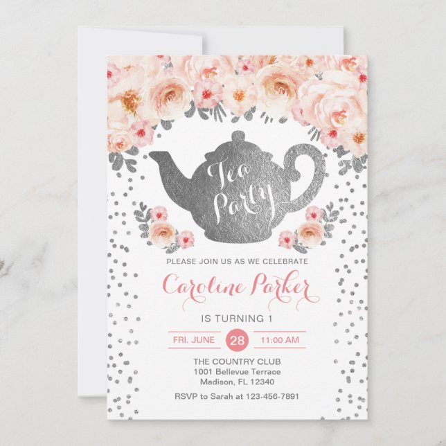 Tea Party Birthday - Silver White Pink Floral Invitation (Front)