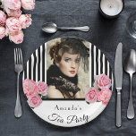 Tea party black white stripes photo paper plate<br><div class="desc">Elegant,   glamourous,  vintage feminine style for a Tea Party. Classic and chic slim black and white vertical stripes.  Decorated with pink flowers,  peonies and roses. Templates for a name. With the text: Tea Party. Template for your own vertical sized photo. Perfect for birthday's,  a bridal shower or baby shower.</div>
