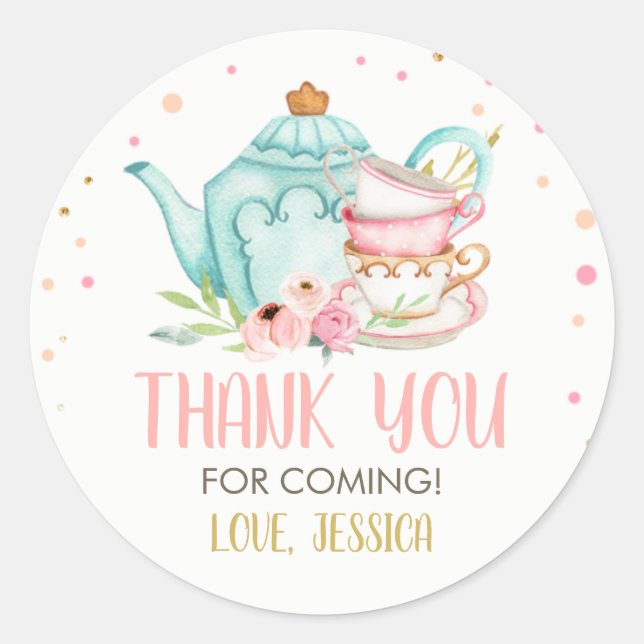 Tea Party Blue Baby Shower Favour Brewing Floral C Classic Round Sticker (Front)
