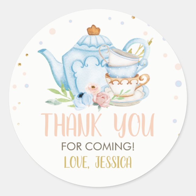 Tea Party Blue Baby Shower Favour Brewing Floral C Classic Round Sticker (Front)