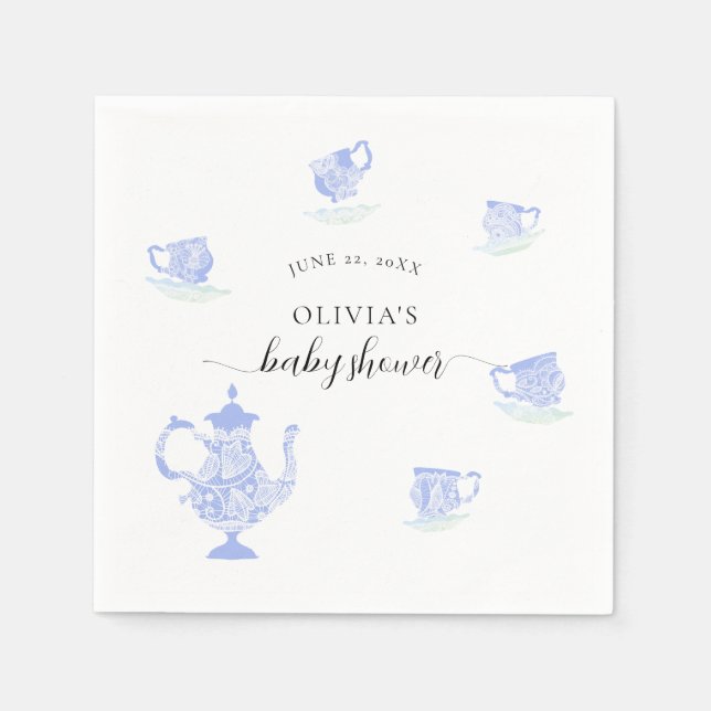 Tea Party Blue China Lace Classic Boy Baby Shower Napkin (Front)