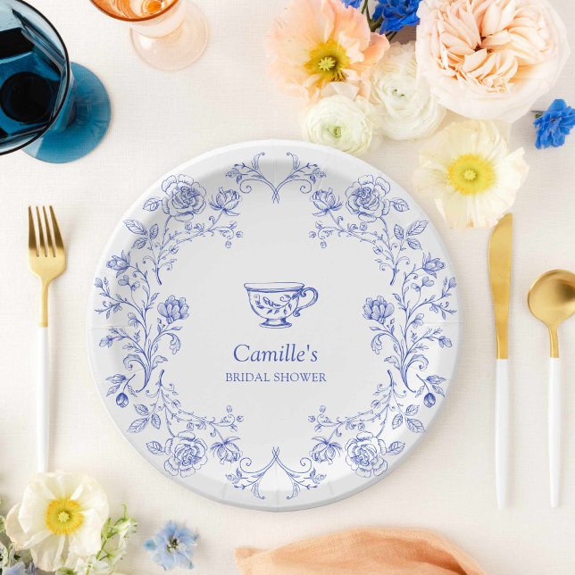 Tea Party Blue Floral Bridal Shower Paper Plate (Blue Tea Party Bridal Shower Paper Plates)