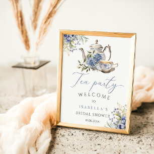Tea Party Blue Floral Watercolor Bridal Welcome Poster